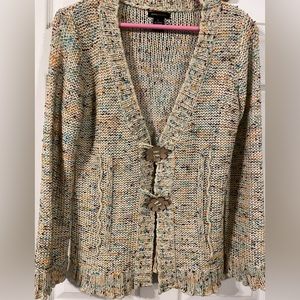 BCBG sweater. Neutral colored with pops of color (turquoise, yellow, brown).